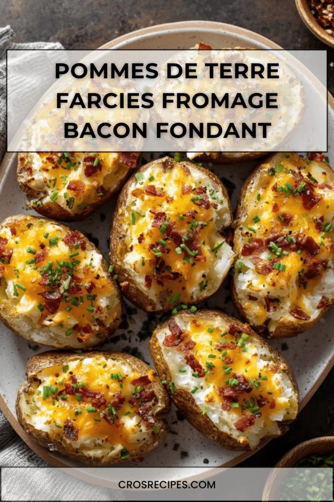Pommes de terre farcies au fromage fondu et bacon croustillant, gratinées au four, garnies de crème fraîche et ciboulette.