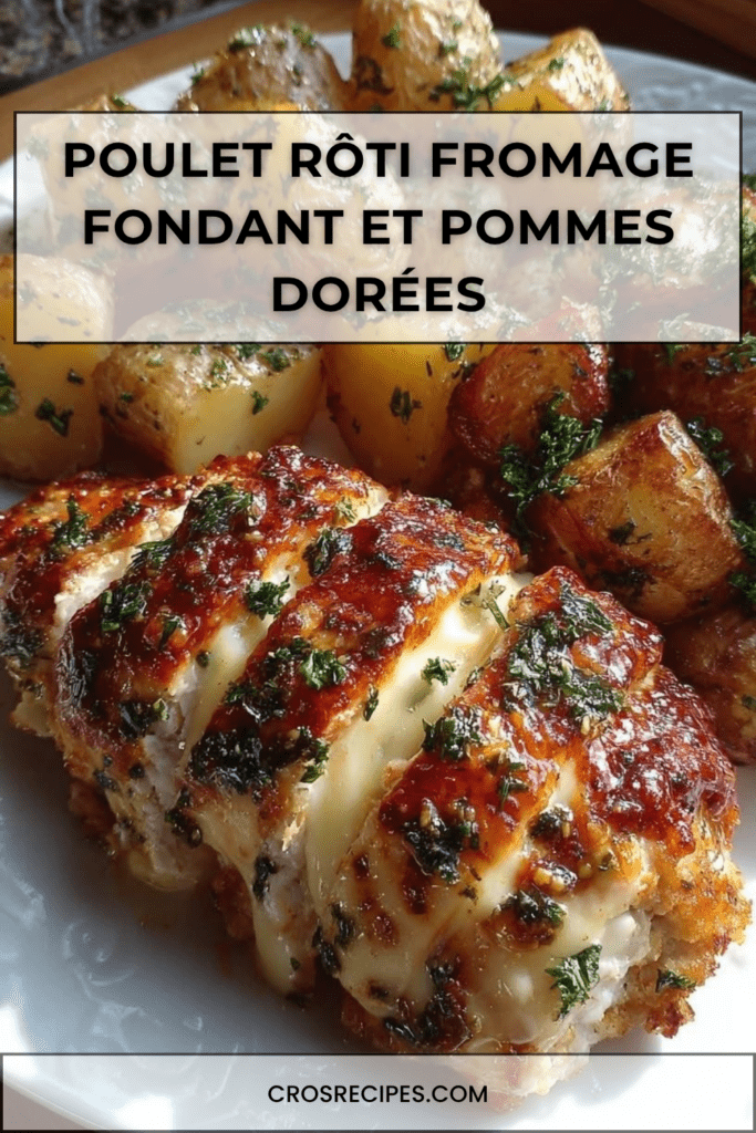 Filets de poulet rôti dorés au four avec fromage fondu, servis avec des pommes de terre rôties à l’ail, herbes de Provence et persil frais.