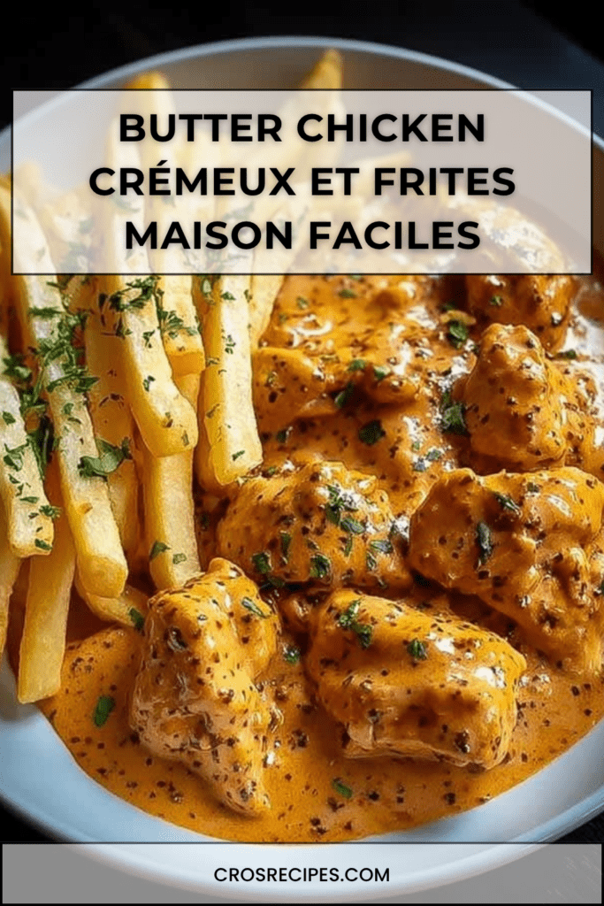 Morceaux de poulet mijotés dans une sauce butter chicken crémeuse à la tomate et aux épices, servis avec des frites maison dorées.