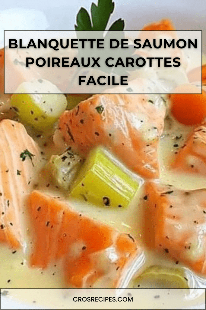 Blanquette de saumon crémeuse avec poireaux, carottes, sauce blanche citronnée et persil frais, servie chaude dans une assiette.