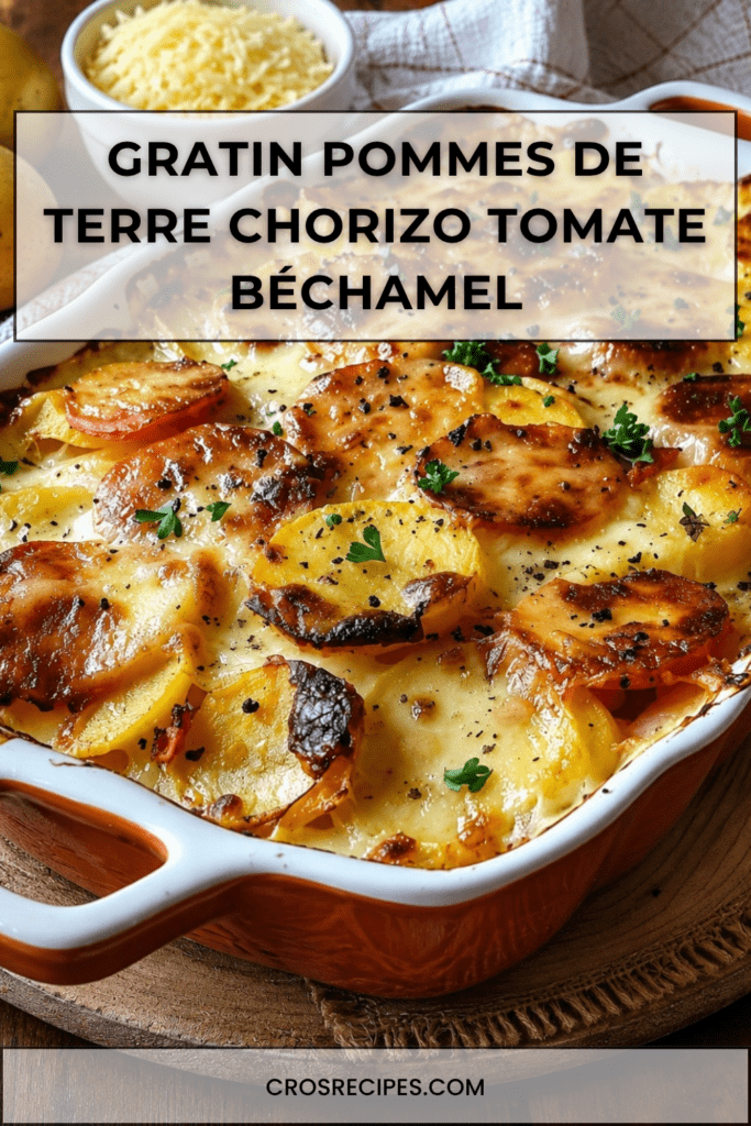 Gratin de pommes de terre au chorizo, tomates en dés, béchamel crémeuse et gruyère râpé doré dans un plat familial servi chaud.