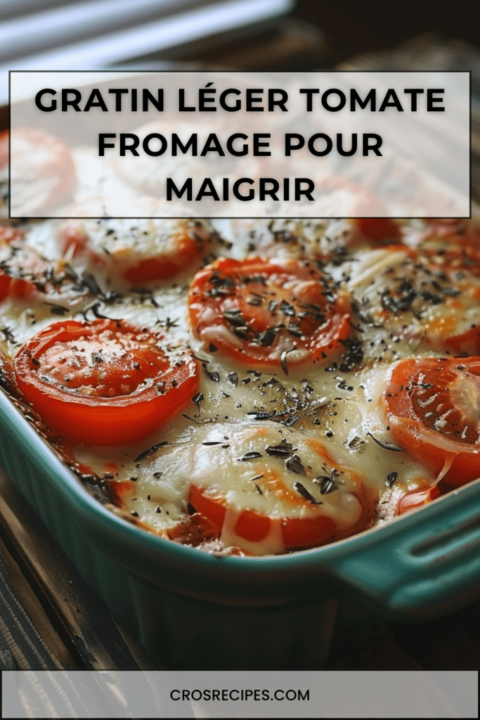 Gratin léger de tomates mûres avec mozzarella allégée fondue, oignon, ail et herbes de Provence dans un plat doré au four.