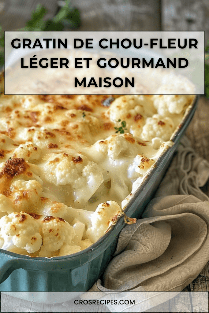 Gratin de chou-fleur léger avec sauce crémeuse sans beurre, fromage râpé doré, muscade et chou-fleur fondant dans un plat au four.