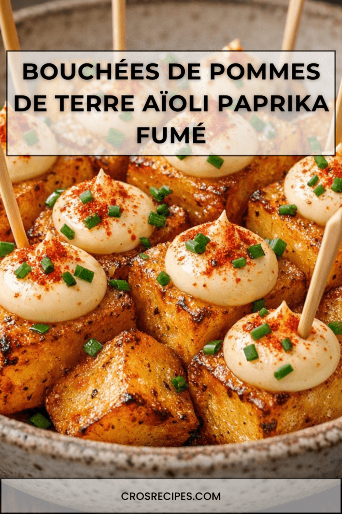 Bouchées de pommes de terre dorées au four avec paprika fumé, aïoli léger au citron, ail râpé et ciboulette fraîche ciselée.