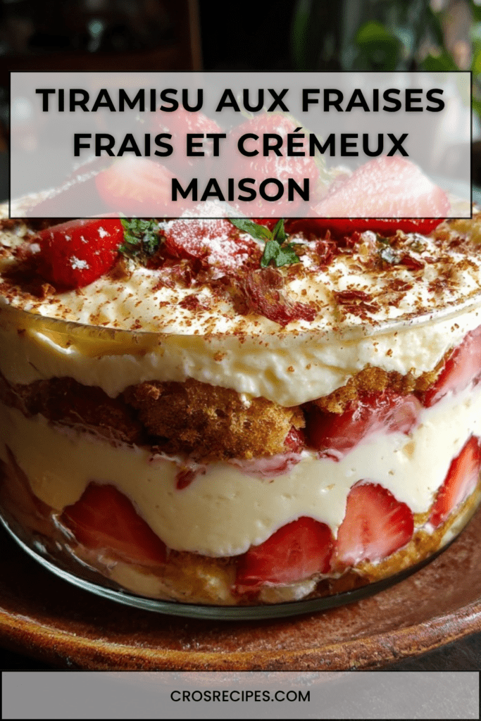 Tiramisu aux fraises maison avec crème mascarpone onctueuse, biscuits à la cuillère imbibés de jus de fraises et décoration de menthe fraîche.