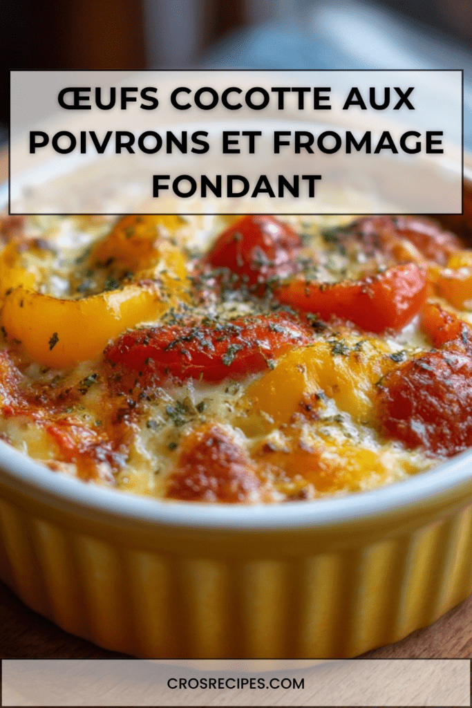 Œufs cocotte aux poivrons rouges et jaunes, crème fraîche, fromage râpé fondu et herbes fraîches servis dans des ramequins.