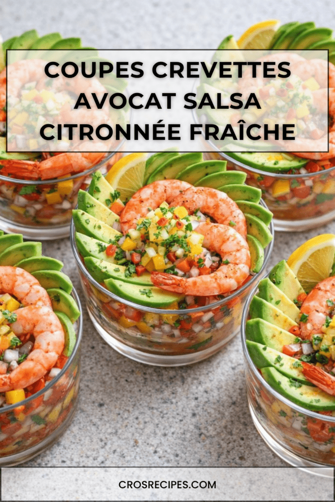 Coupes apéritives transparentes garnies de crevettes, avocat en dés, salsa de tomate, concombre, citron vert et coriandre fraîche.
