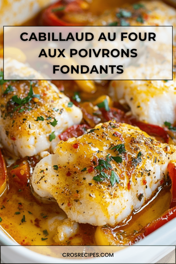 Filets de cabillaud au four sur un lit de poivrons rouges et jaunes fondants, avec oignon, ail, citron et persil frais.