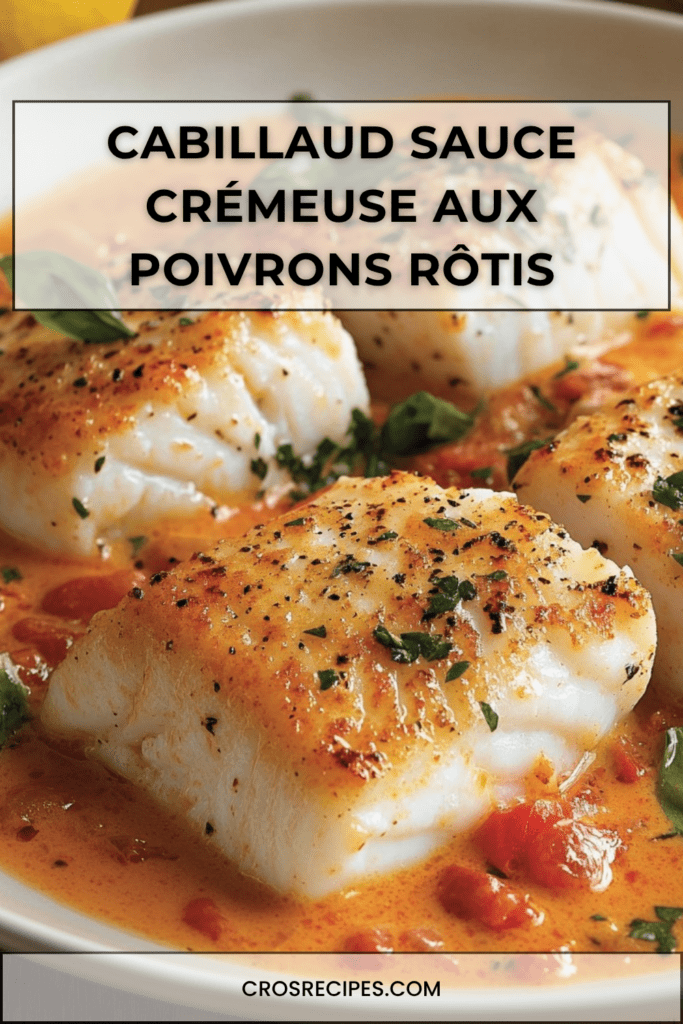 Filet de cabillaud servi sur une sauce crémeuse aux poivrons rouges rôtis, garni d’herbes fraîches et accompagné de riz ou légumes verts.
