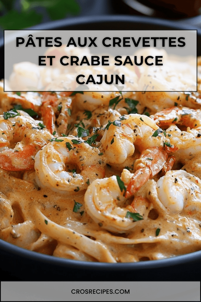 Assiette de pâtes aux crevettes et au crabe nappées d’une sauce cajun crémeuse au parmesan, garnies d’herbes fraîches et de citron.