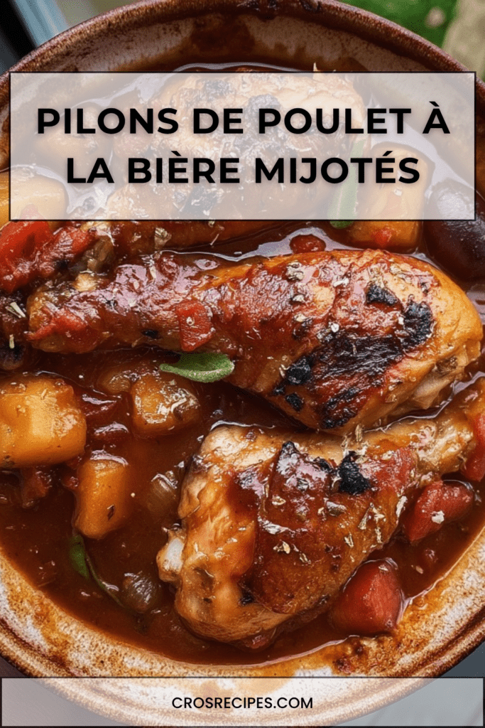 Pilons de poulet à la bière mijotés dans une cocotte avec pommes de terre, tomates, poivron rouge, olives noires et sauce parfumée.
