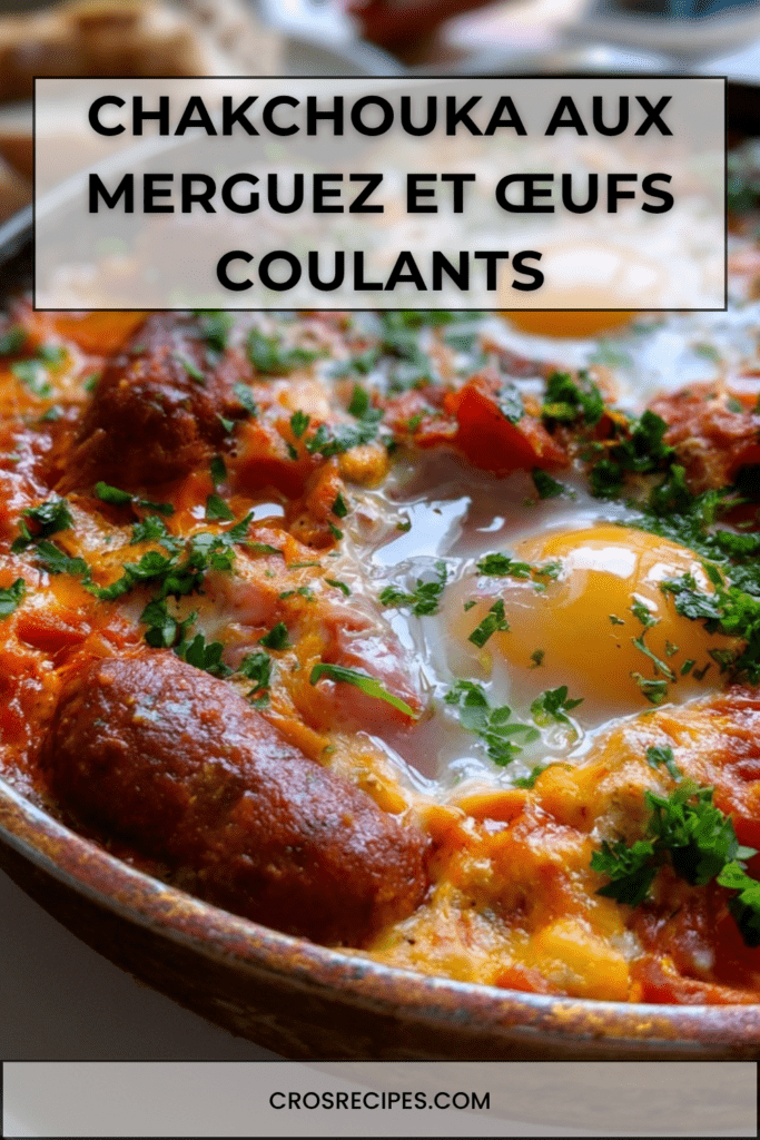 Chakchouka aux merguez et œufs coulants servie dans une poêle, avec sauce tomate épicée, poivron rouge et herbes fraîches.