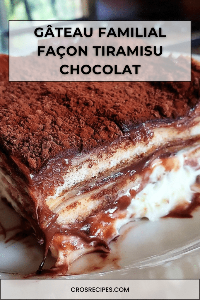 Gâteau familial façon tiramisu chocolat servi dans un grand plat, avec couches de biscuits fondants, crème mascarpone, ganache brillante et cacao amer.