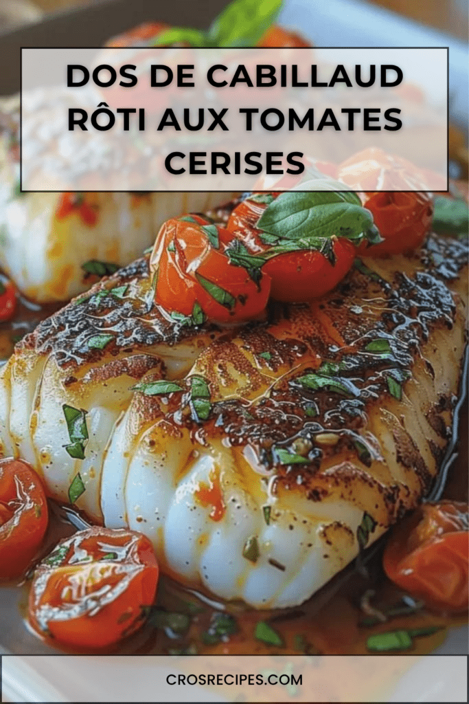 Dos de cabillaud rôti servi avec des tomates cerises fondantes, une sauce à l’huile d’olive, de l’ail, du citron et du basilic frais.