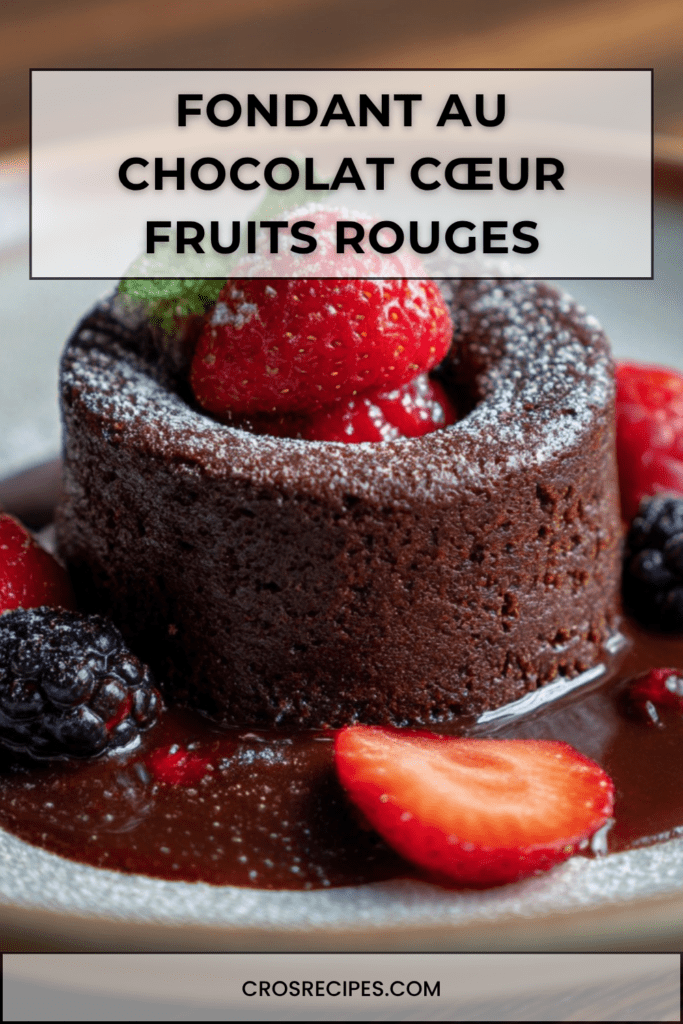 Fondant au chocolat individuel au cœur coulant de fruits rouges, servi avec fraises fraîches, framboises, sucre glace et menthe.
