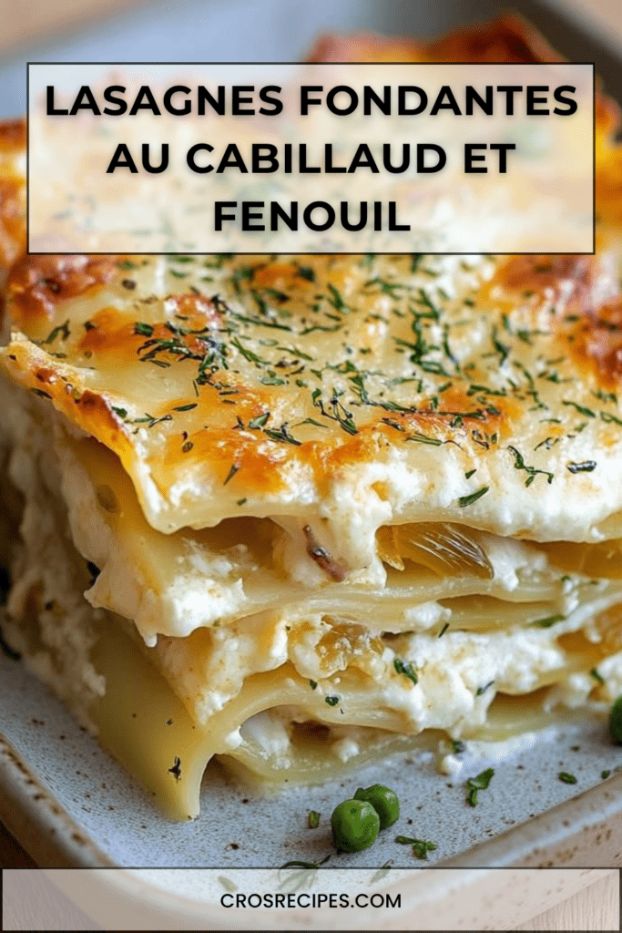 Lasagnes fondantes au cabillaud, fenouil braisé et citron confit servies dans un plat gratiné avec parmesan doré, aneth et petits pois.