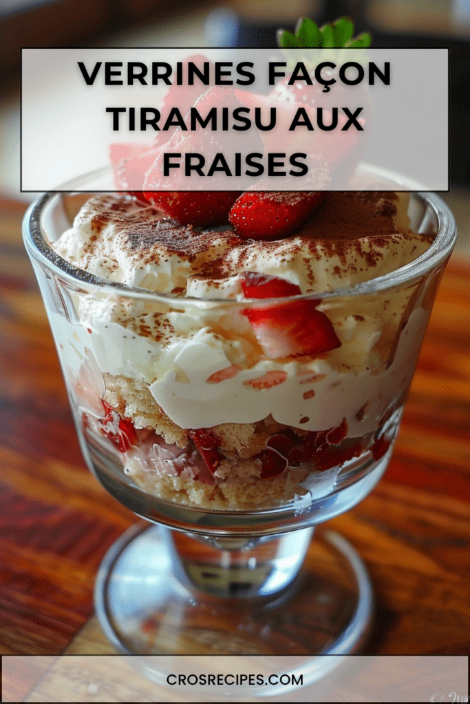 Verrines façon tiramisu aux fraises servies dans des verres transparents, avec crème mascarpone, biscuits imbibés, fraises fraîches et cacao.