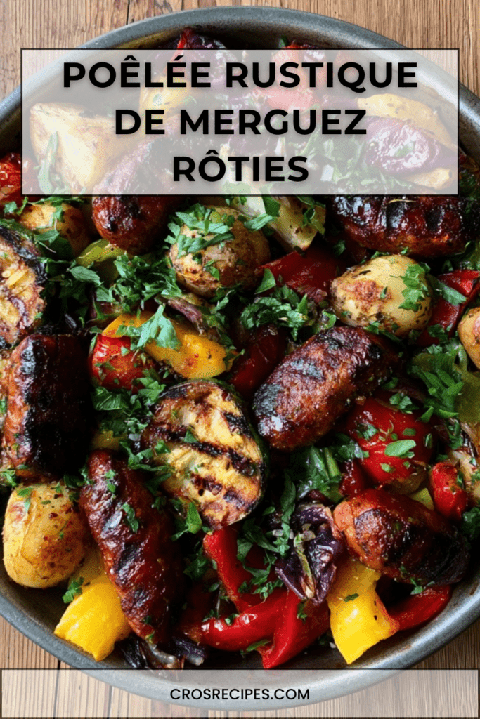 Poêlée rustique de merguez rôties servie avec pommes de terre dorées, courgette, poivrons rouges et jaunes, tomates cerises et persil frais.