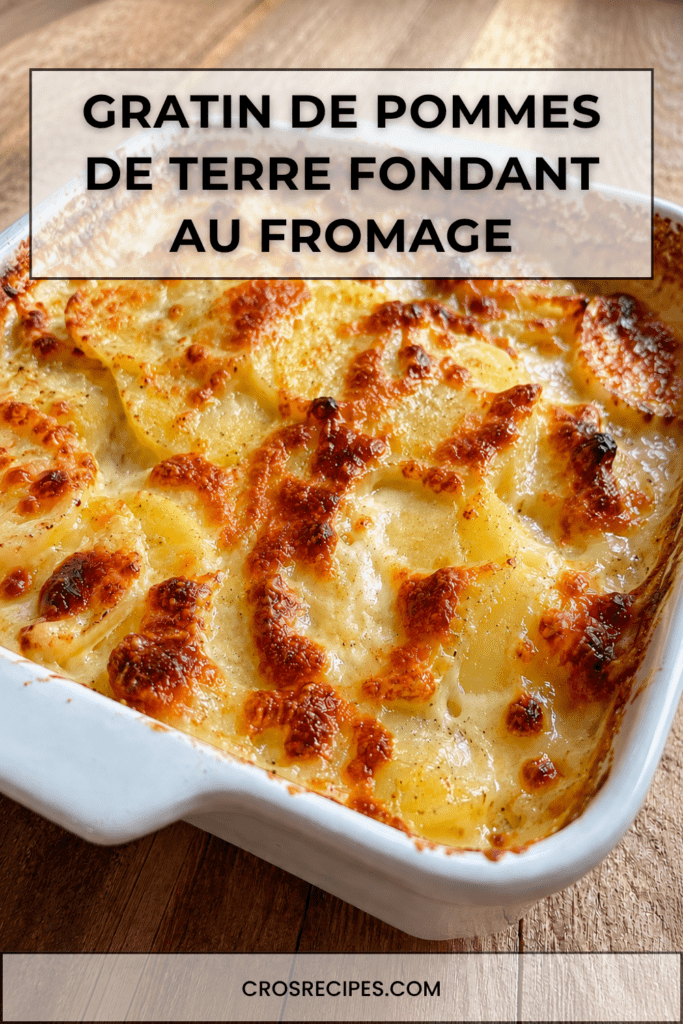 Gratin de pommes de terre fondant au fromage dans un plat familial, bien doré sur le dessus, avec une texture crémeuse et des pommes de terre tendres nappées de fromage fondu.