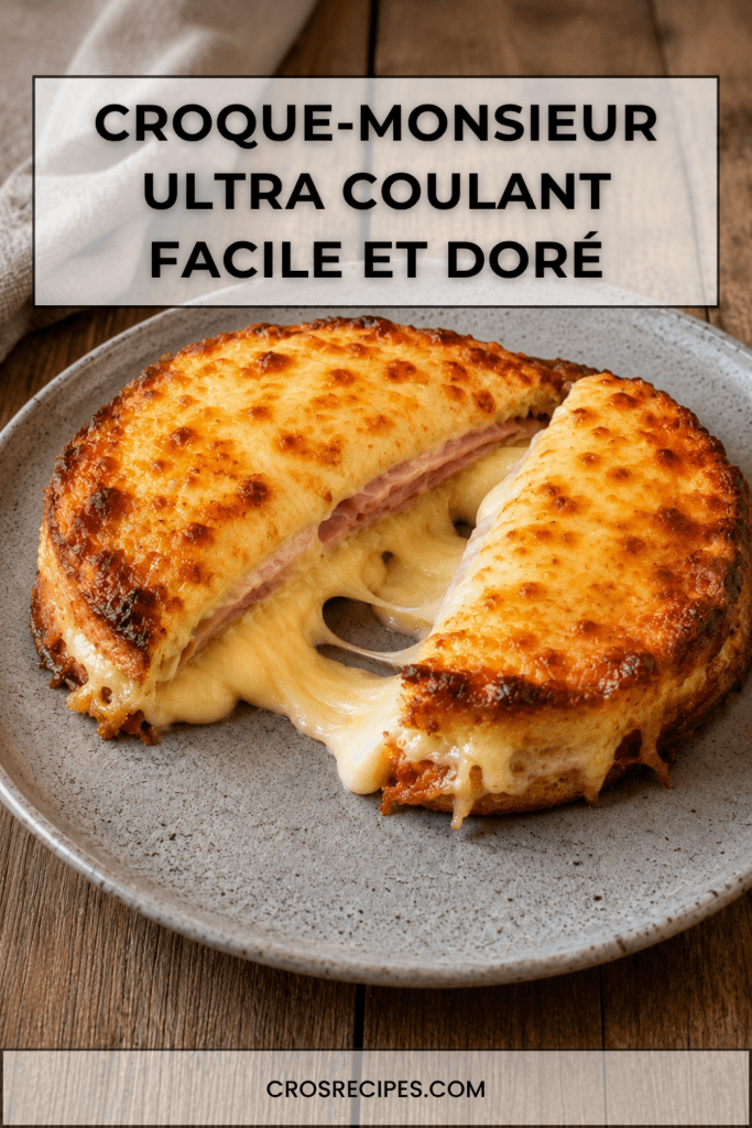 Croque-monsieur ultra coulant coupé en deux, avec du fromage fondu qui s’étire, du pain de mie doré au four, du jambon et une garniture crémeuse au fromage.