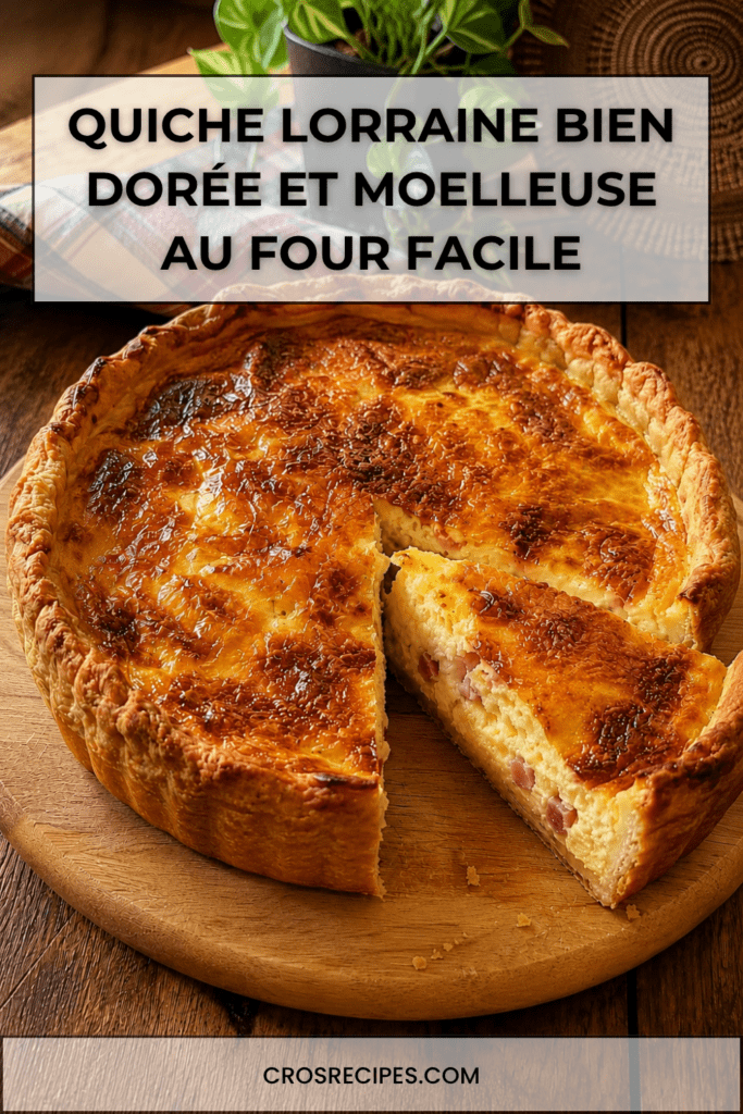 Quiche Lorraine bien dorée servie dans un moule à tarte, avec une pâte brisée croustillante, une garniture moelleuse aux œufs, crème fraîche et lardons, accompagnée d’une salade verte.