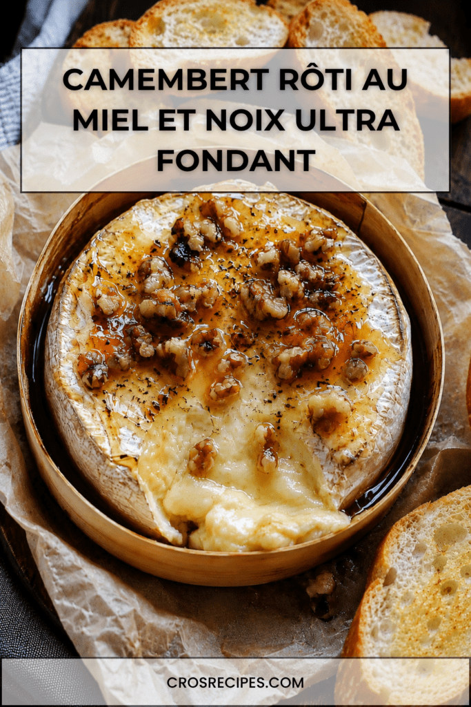 Camembert rôti au miel et noix servi bien chaud dans sa boîte en bois, avec un cœur de fromage coulant, des noix croquantes, du thym et du pain grillé à tremper.