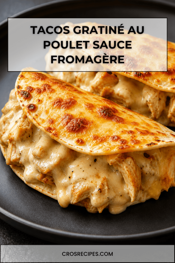 Tacos gratiné au poulet avec sauce fromagère crémeuse, tortillas dorées au four, fromage râpé gratiné et garniture fondante.