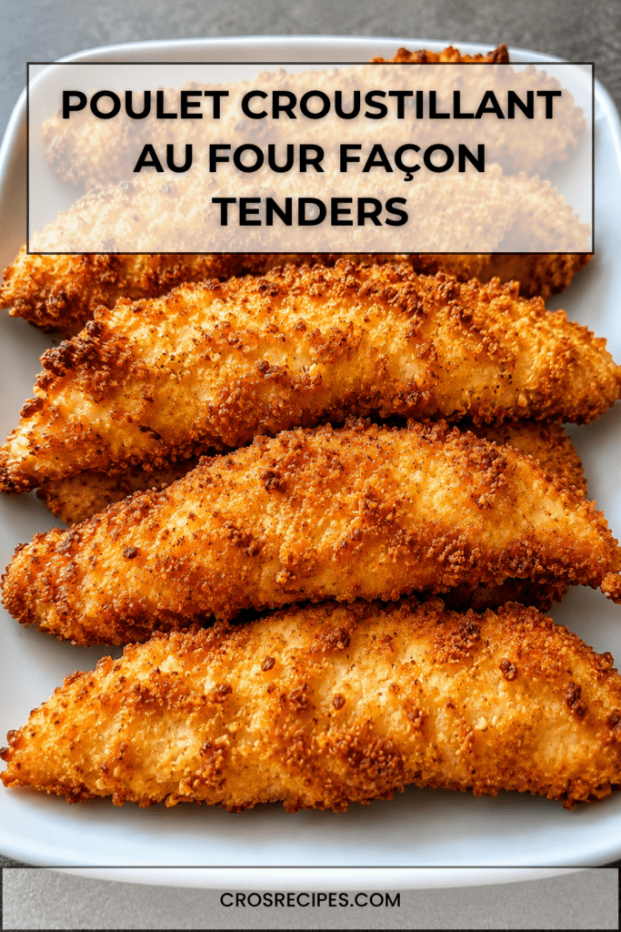 Poulet croustillant au four façon tenders, morceaux dorés et panés, servis chauds avec une texture croquante à l’extérieur et tendre à l’intérieur.