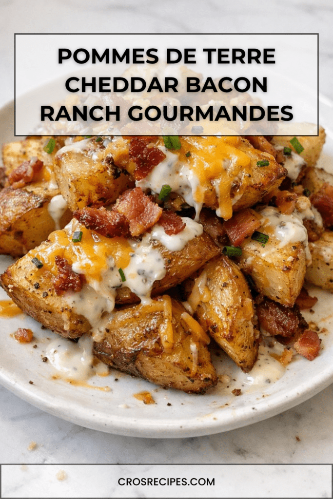 Pommes de terre rôties au cheddar fondu, bacon croustillant et sauce ranch avec ciboulette fraîche servies chaudes