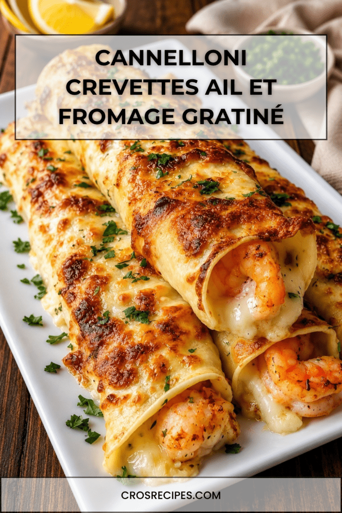 Cannelloni gratinés aux crevettes avec sauce crémeuse à l’ail et fromage fondu doré servis dans un plat chaud