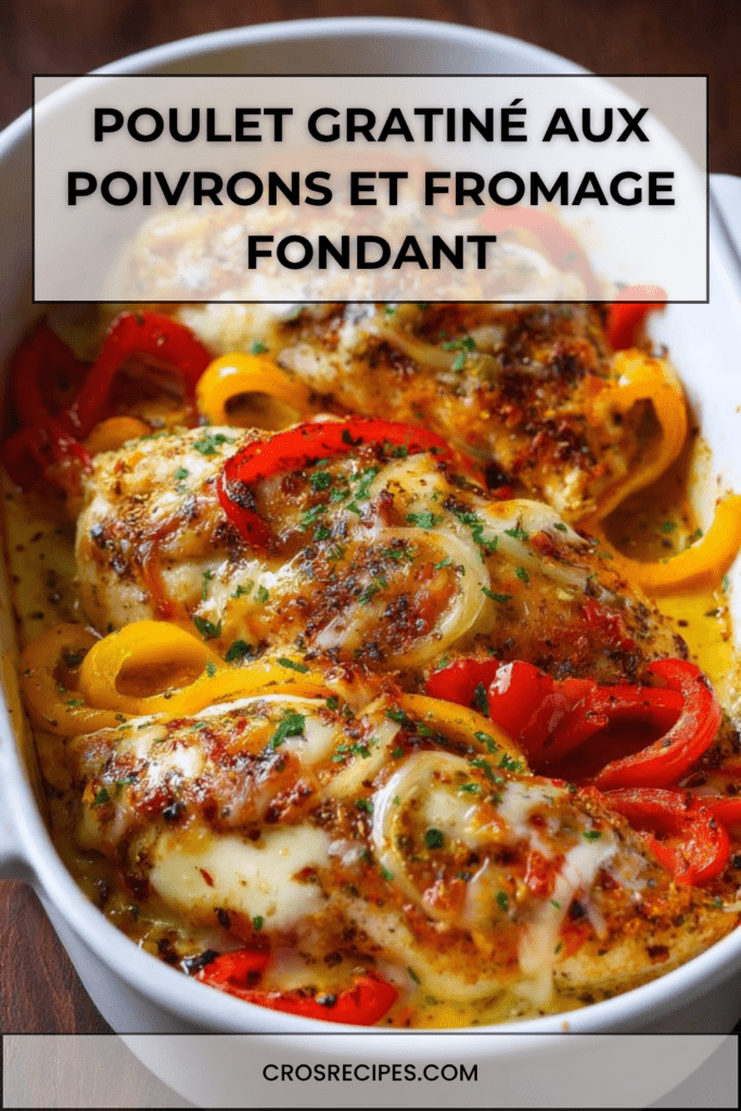 Poulet gratiné au fromage avec poivrons rouges et jaunes fondants dans une sauce crémeuse servi chaud au four