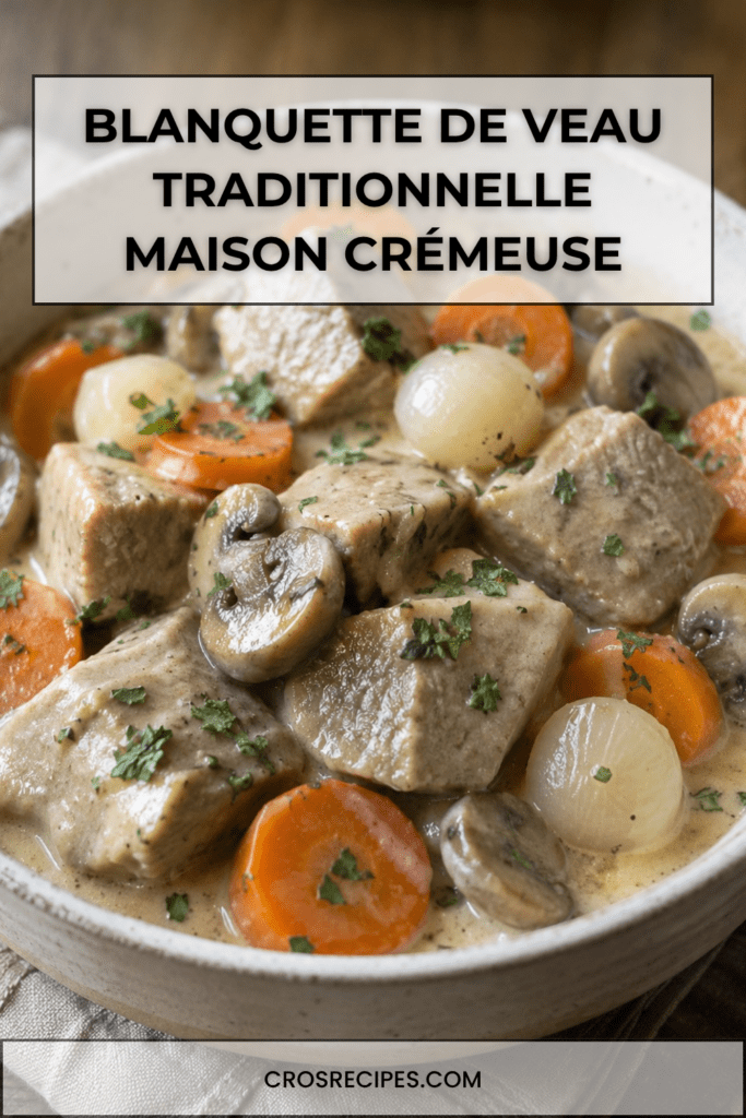 Blanquette de veau crémeuse avec carottes et champignons servie dans une assiette chaude accompagnée de riz