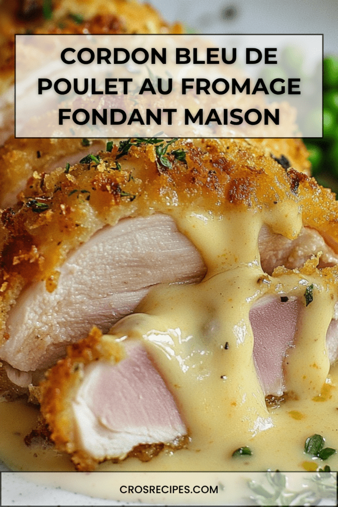 Cordon bleu de poulet doré et croustillant coupé en deux avec fromage fondu coulant et sauce crémeuse au fromage
