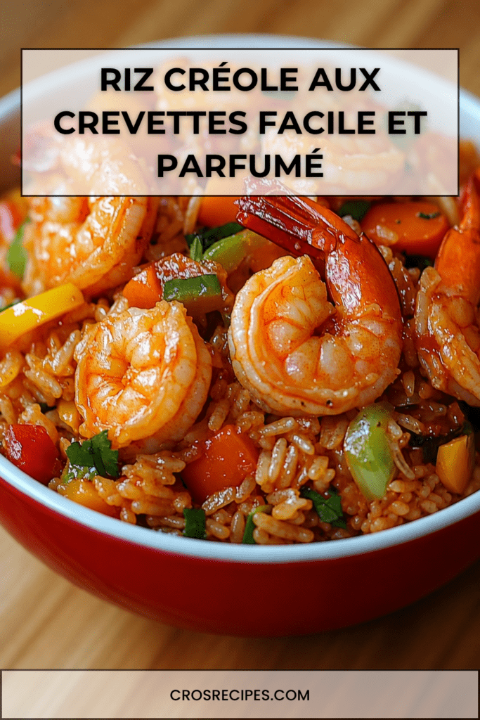 Riz créole aux crevettes servi chaud dans une assiette, avec riz long grain, crevettes roses, poivrons rouges et jaunes, carottes et herbes fraîches.