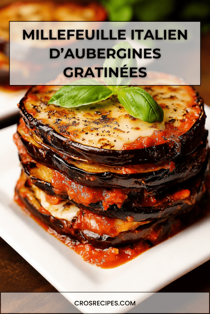 Millefeuille italien d’aubergines gratinées servi dans un plat, avec couches d’aubergines dorées, sauce tomate, mozzarella fondue, parmesan et basilic frais.