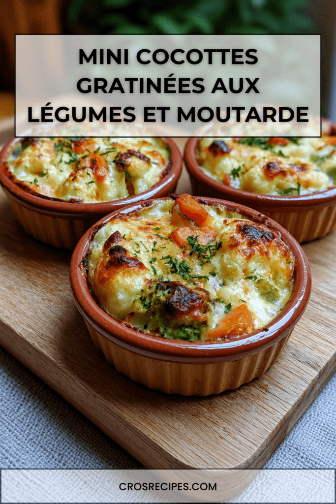 Mini cocottes gratinées aux légumes avec pommes de terre, carottes, brocoli, crème à la moutarde à l’ancienne et fromage doré au four.