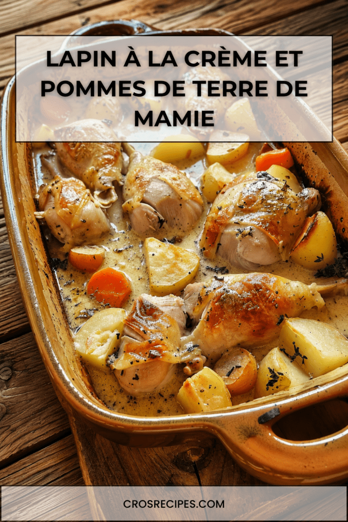 Lapin à la crème servi en cocotte avec pommes de terre fondantes, carottes, sauce crémeuse à la moutarde, thym et laurier.