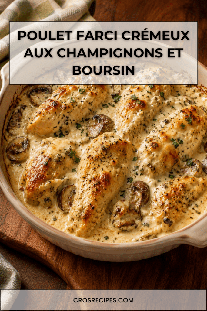 Blancs de poulet farcis au fromage frais ail et fines herbes, nappés de sauce crémeuse aux champignons et gratinés au fromage râpé.
