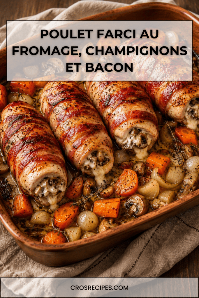Filets de poulet farcis au fromage fondant et champignons, enroulés de bacon croustillant, servis avec carottes, oignons et champignons rôtis.