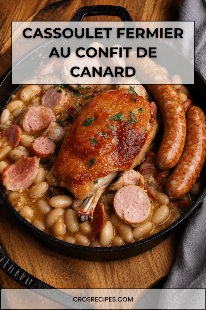 Cassoulet fermier servi en cocotte avec haricots blancs fondants, cuisses de confit de canard dorées, saucisses de Toulouse, lardons et persil frais.