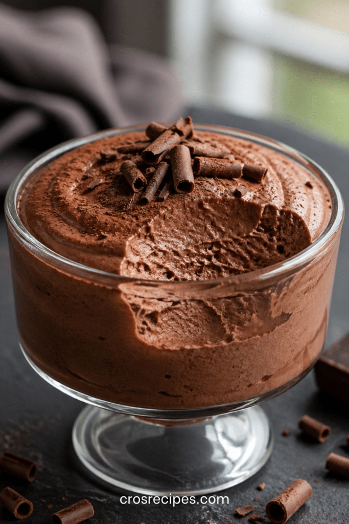 Verrines de mousse au chocolat noir intense, texture légère et aérienne, décorées de copeaux de chocolat sur le dessus.