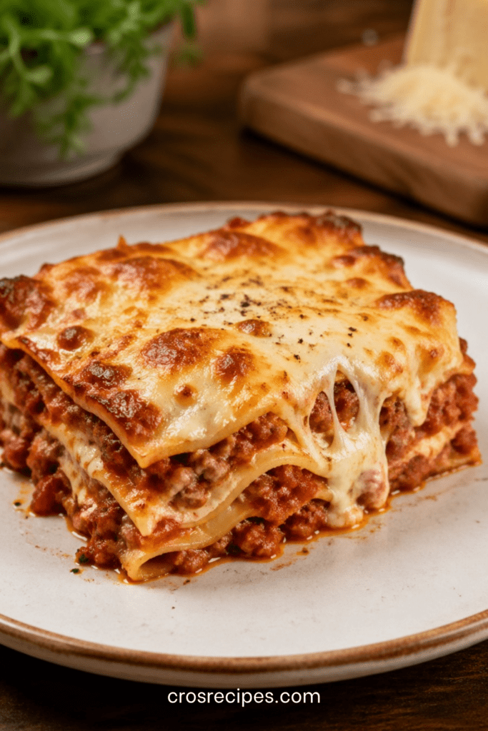 Lasagnes maison fondantes et gratinées servies en part généreuse, avec sauce tomate à la viande, béchamel crémeuse et fromage doré.