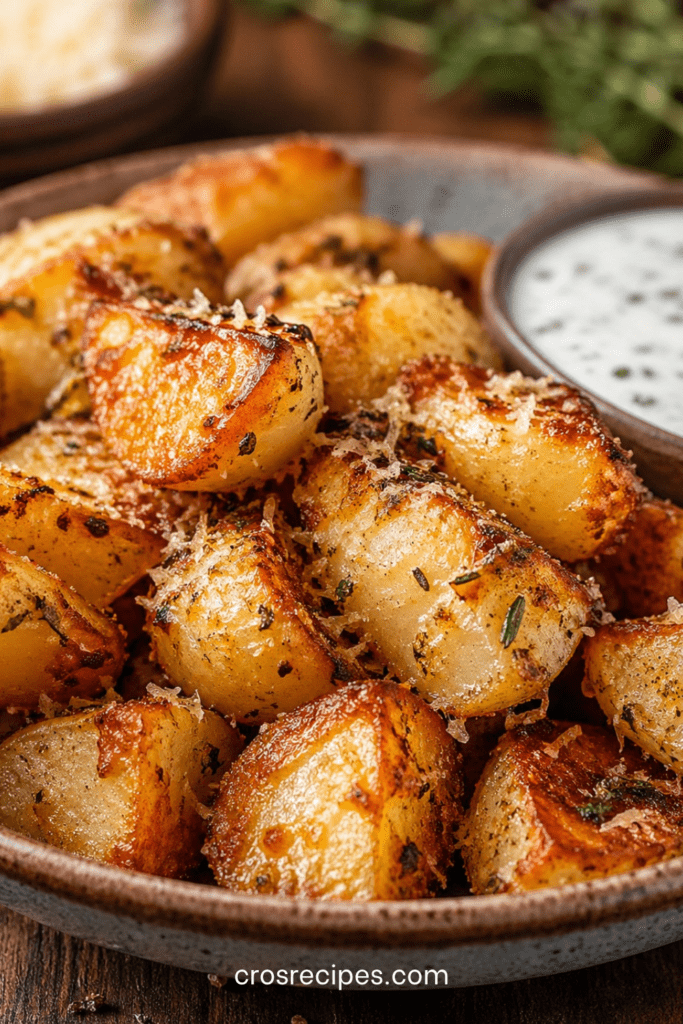 Pommes de terre croustillantes au parmesan servies bien dorées, avec une texture croquante, du persil frais et une surface gratinée.