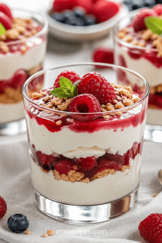 Verrines mascarpone fruits rouges avec crème blanche onctueuse, base biscuitée croquante, fruits rouges frais et feuille de menthe.