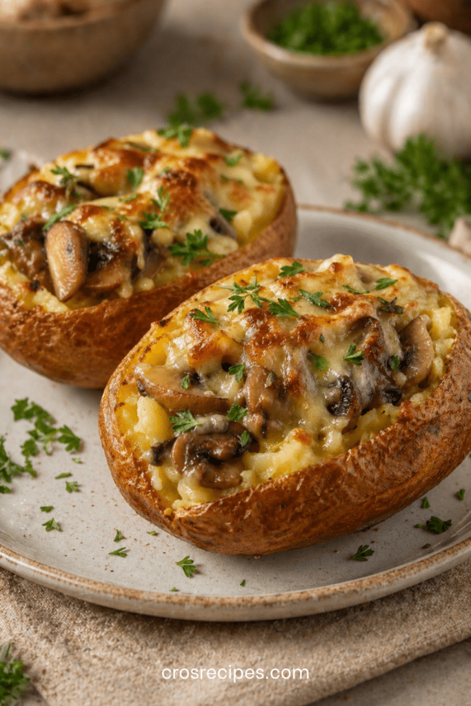 Pommes de terre farcies aux champignons et fromage gratiné, servies chaudes avec une garniture crémeuse et du persil frais.