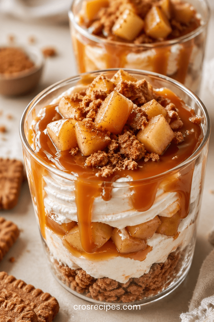 Verrines pomme caramel spéculoos avec crème mascarpone, pommes caramélisées, caramel beurre salé coulant et miettes de spéculoos.