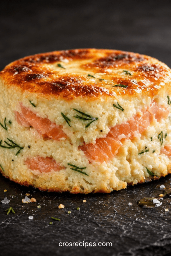 Flan salé au saumon fumé et aneth servi tiède dans une assiette avec salade verte, texture fondante et surface légèrement dorée
