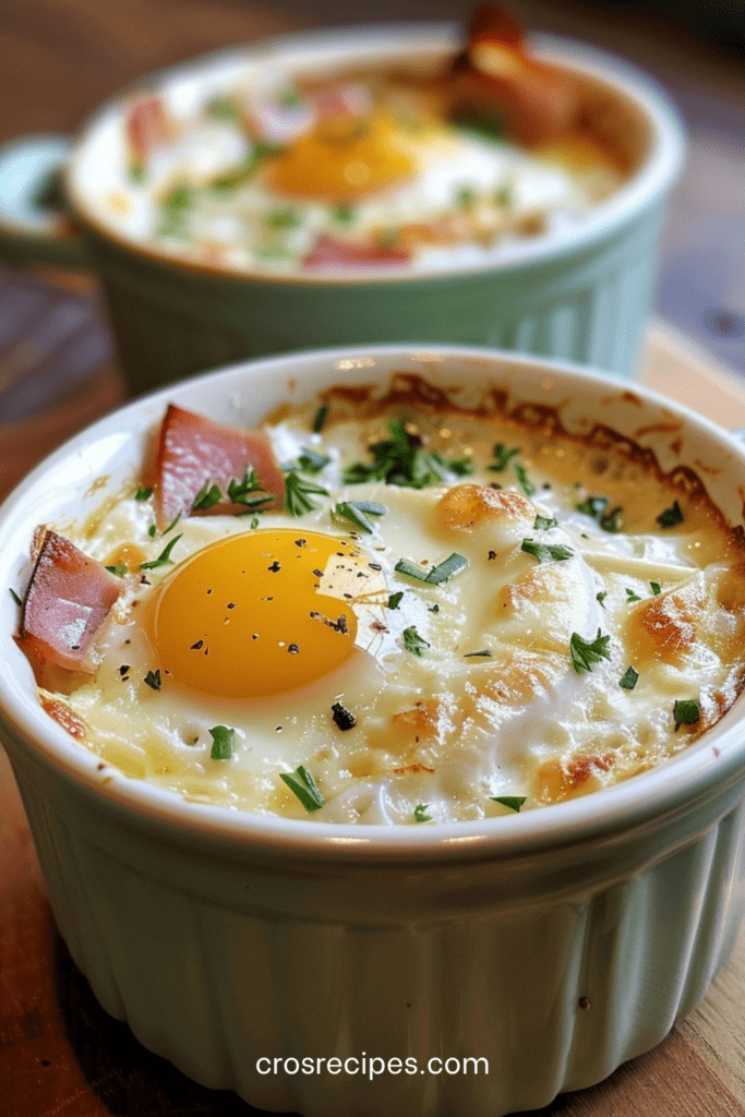 Œufs cocotte campagnards servis dans des ramequins, avec crème fraîche, lardons dorés, fromage fondu et herbes fraîches