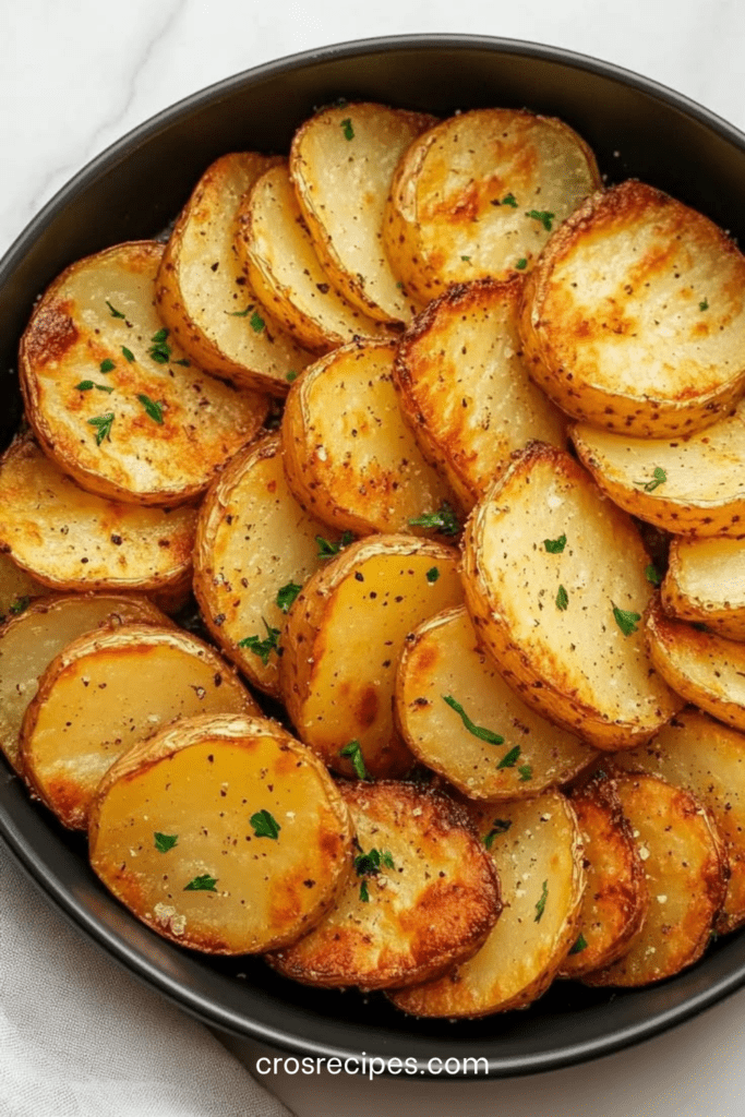 Pommes de terre en rondelles cuites à l’air fryer, dorées et croustillantes, servies avec du persil frais et une sauce maison