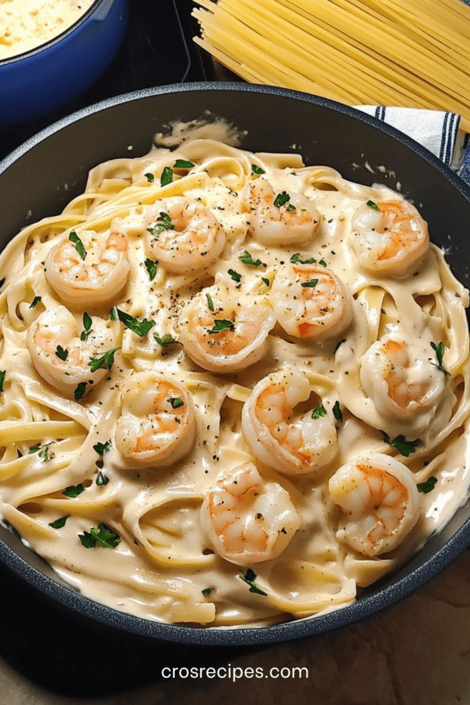 Pâtes crémeuses aux crevettes façon Alfredo servies dans une assiette creuse, avec sauce parmesan, persil frais et crevettes dorées